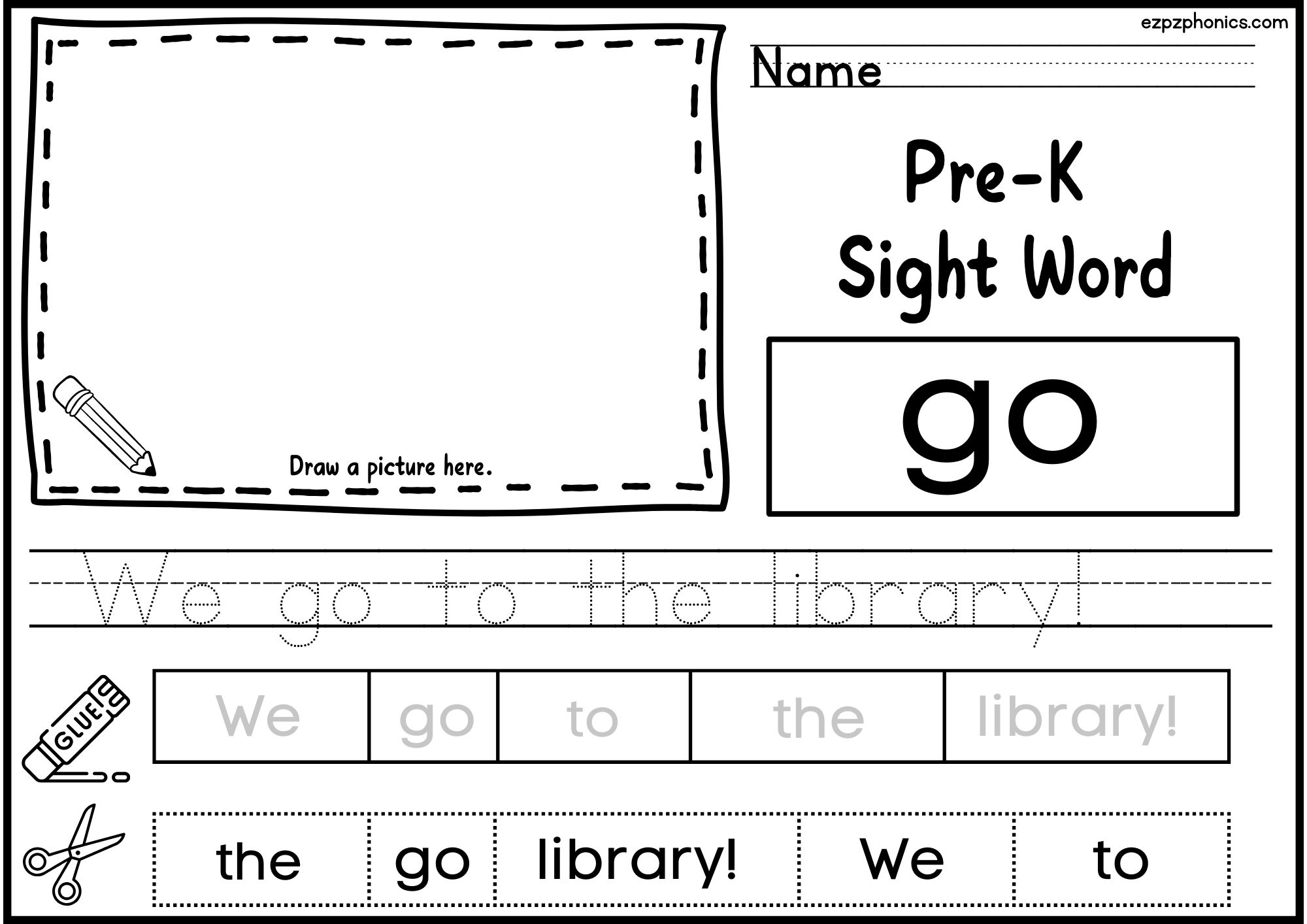 Go Dolch Sight Word Activity. Draw, Color, Cut and Paste, and Word Tracing.